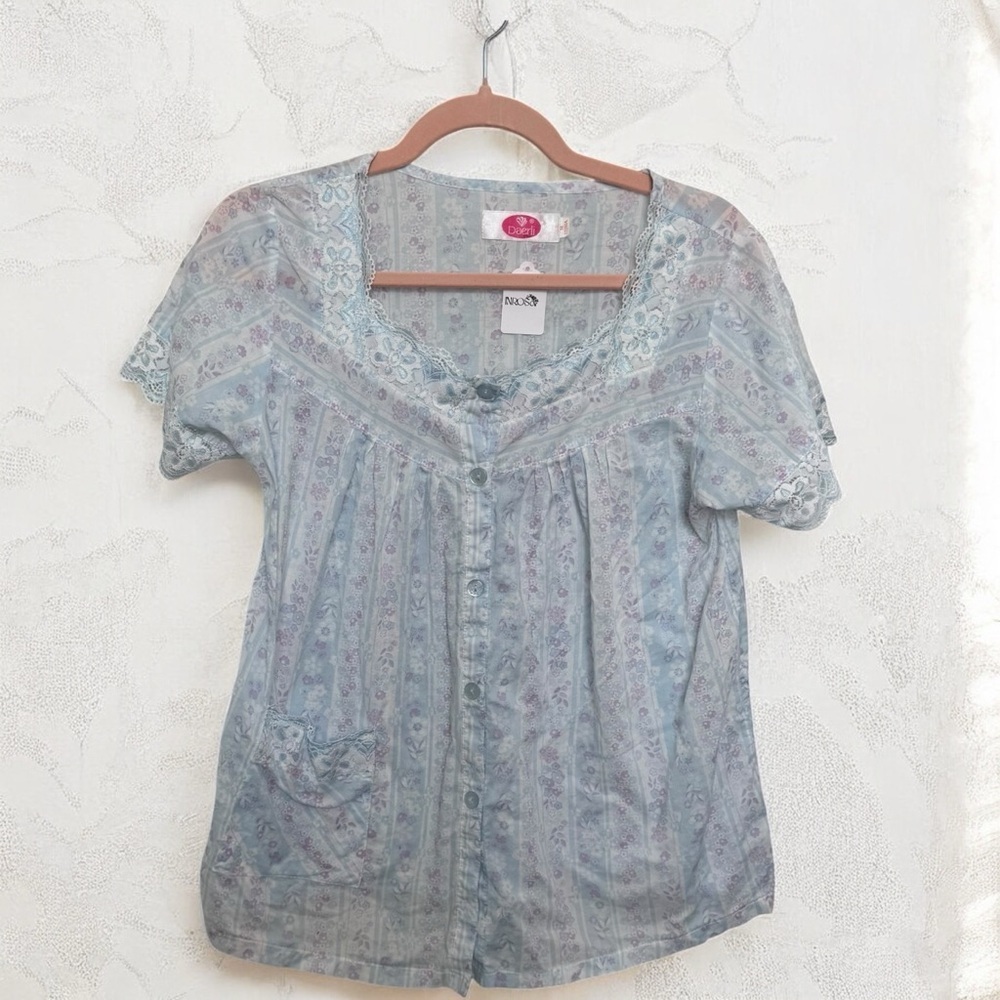 Vintage 90s Blue Lace Prairie Blouse – Cottagecore Floral Button Front M